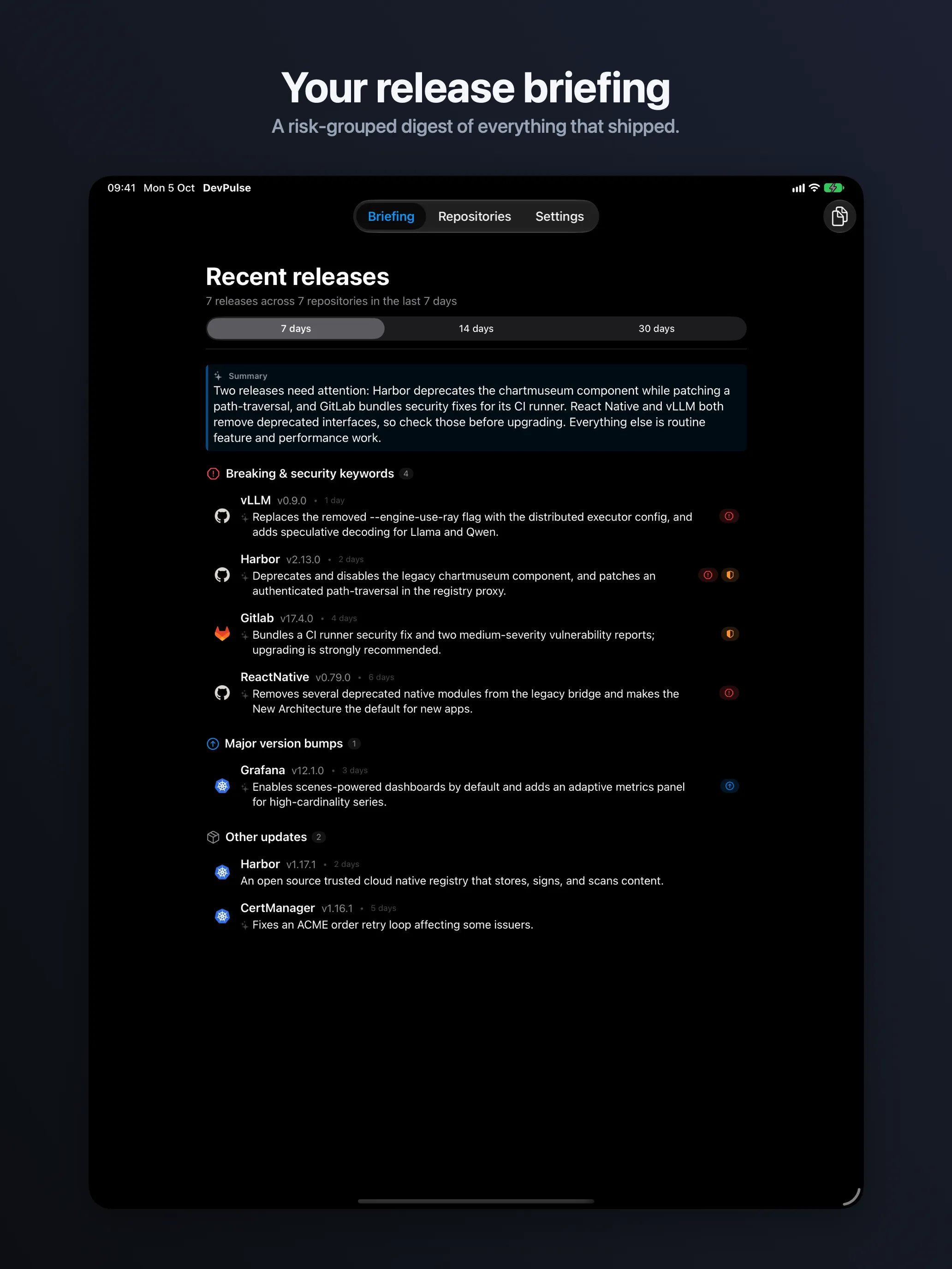 DevPulse on iPad, showing the release briefing.