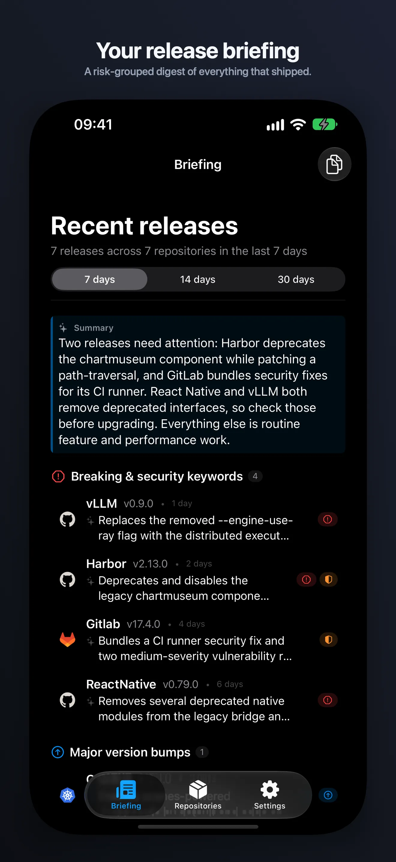 DevPulse on iPhone, showing the release briefing.