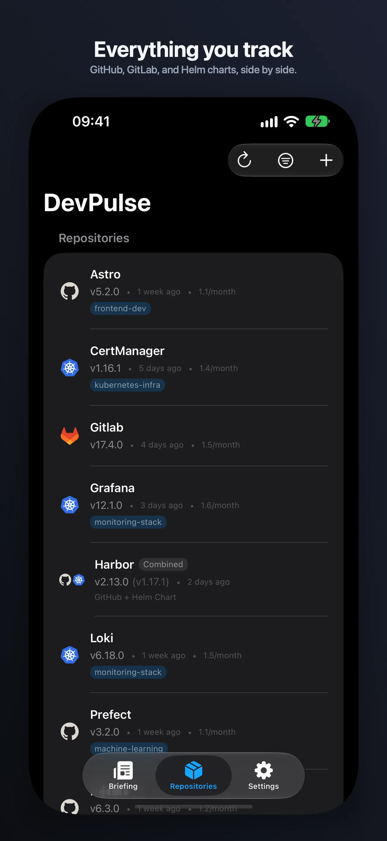 DevPulse on iPhone, showing the repository list and release briefing.