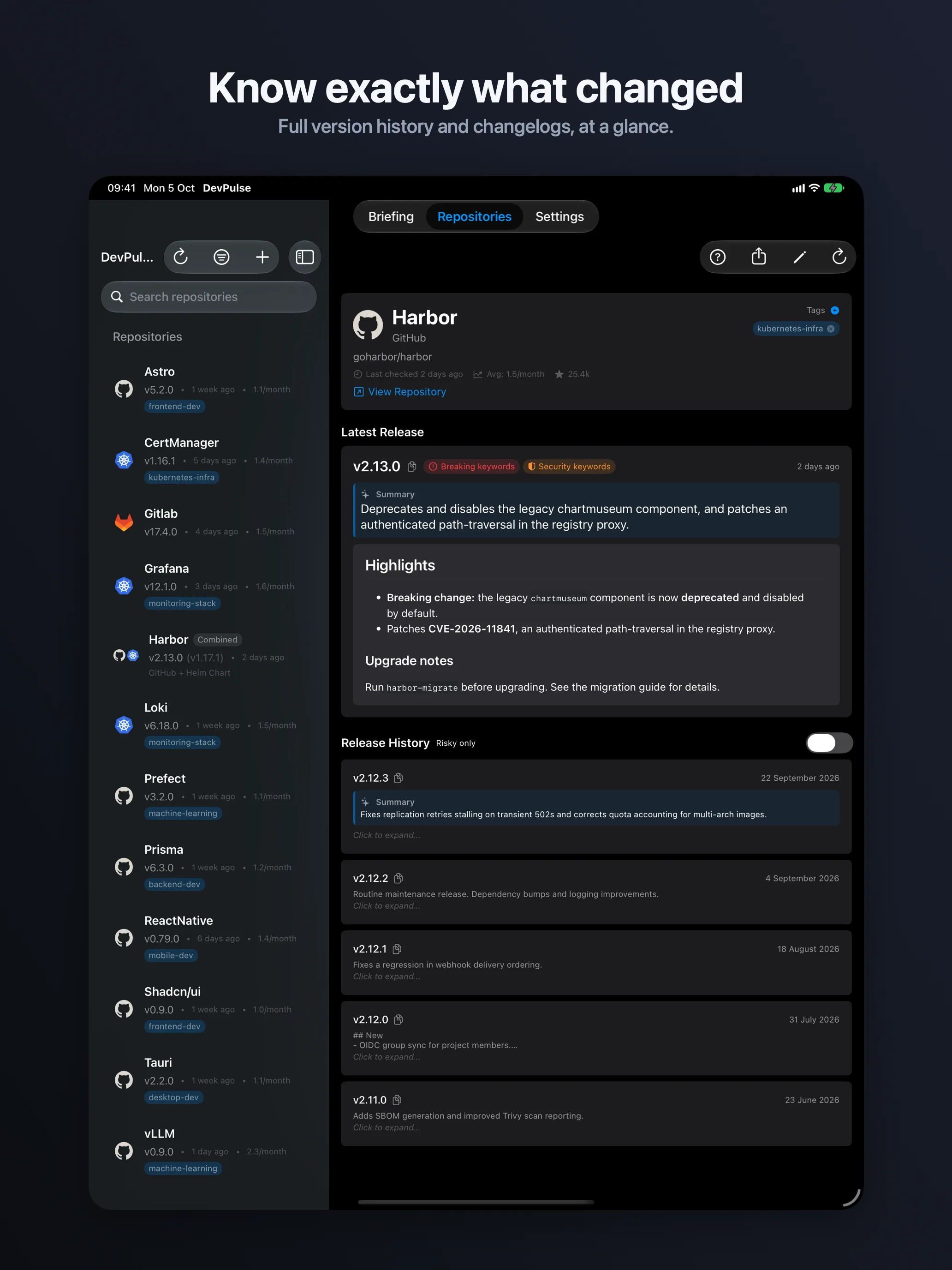 DevPulse on iPad, showing a repository's version history and release notes.