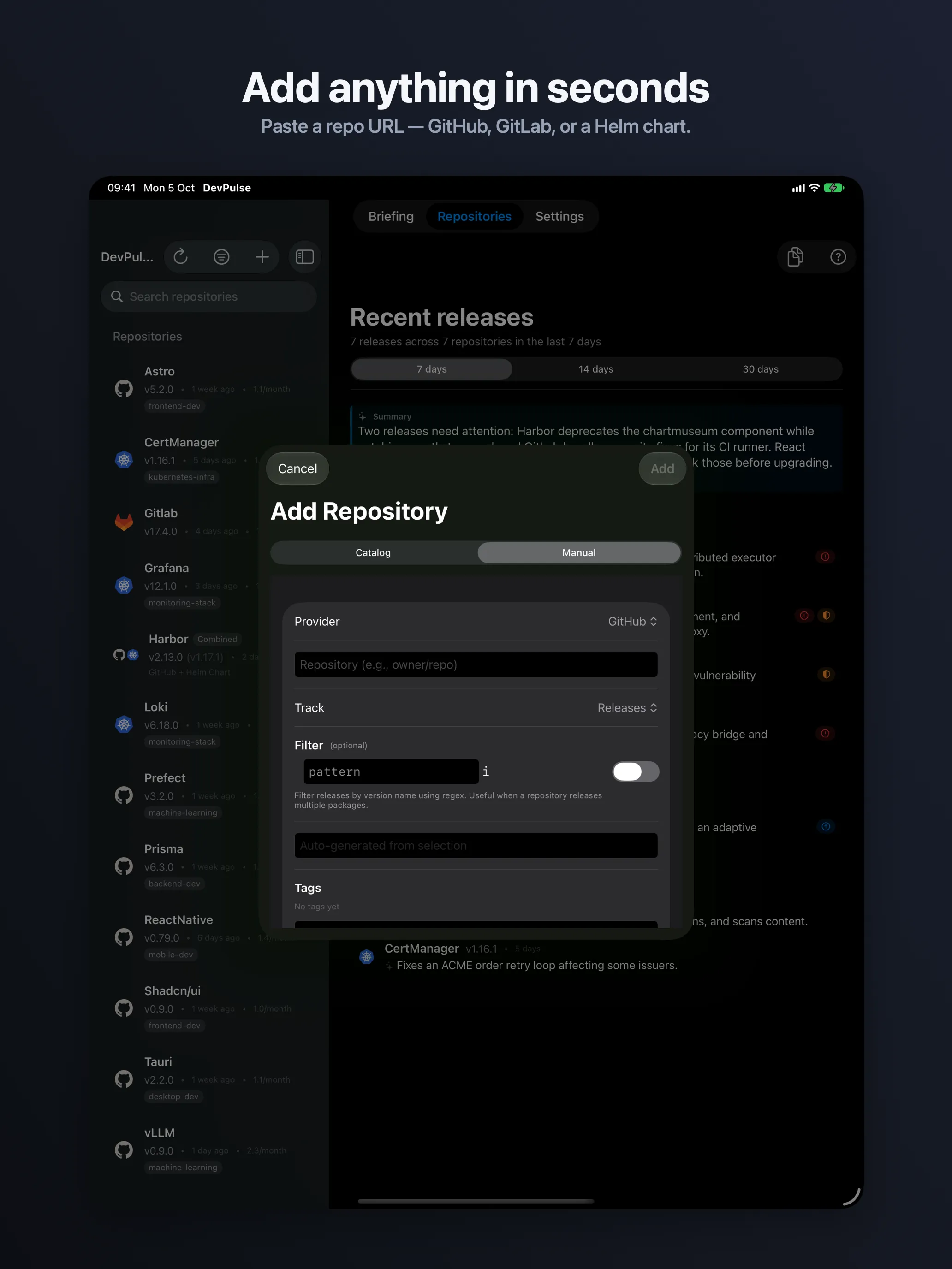 DevPulse on iPad, showing adding a repository from a URL.