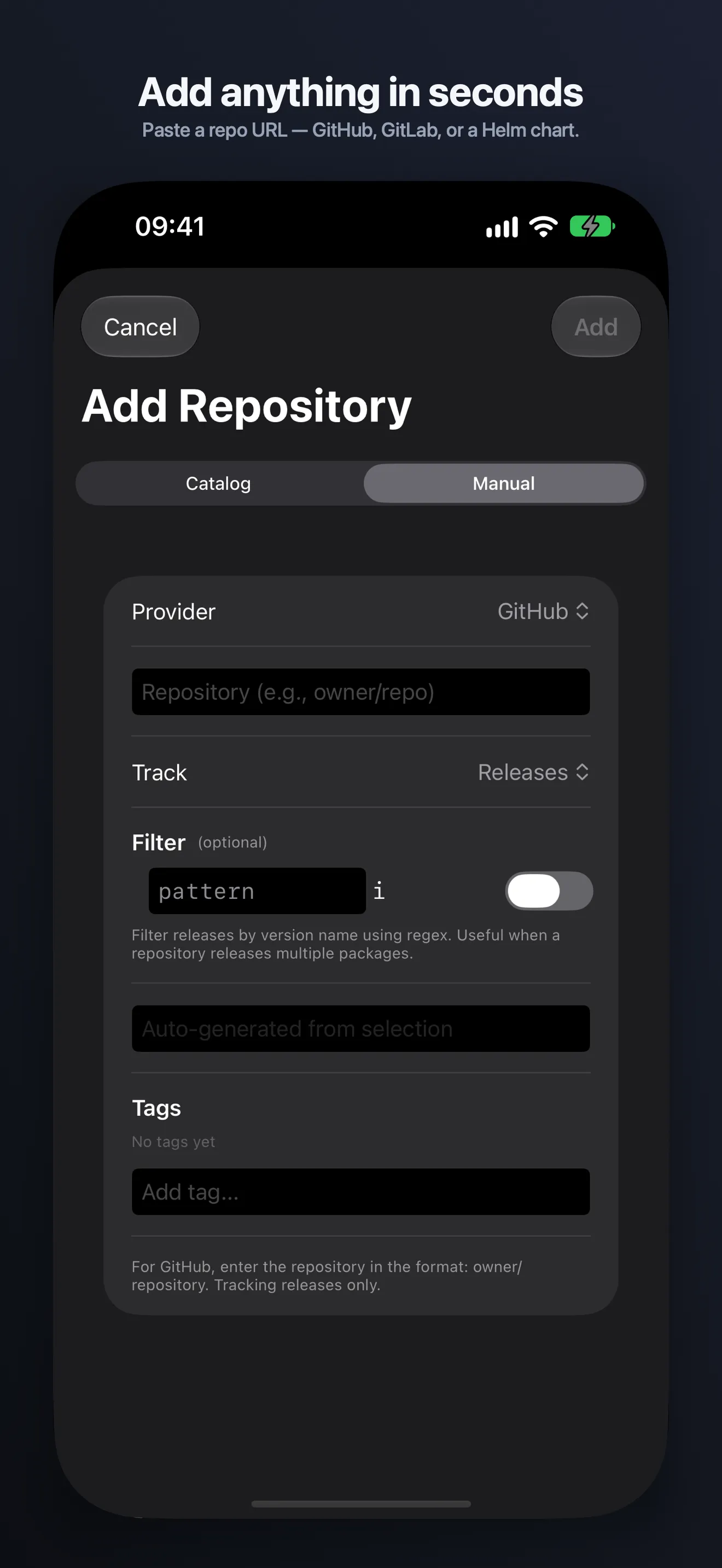DevPulse on iPhone, showing adding a repository from a URL.