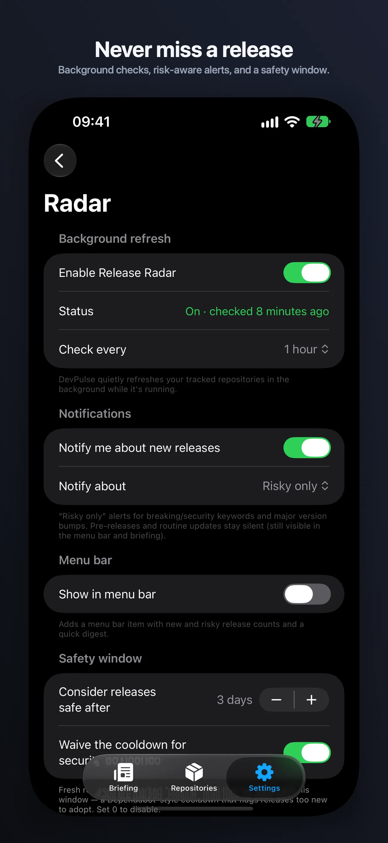 DevPulse on iPhone, showing the settings screen.