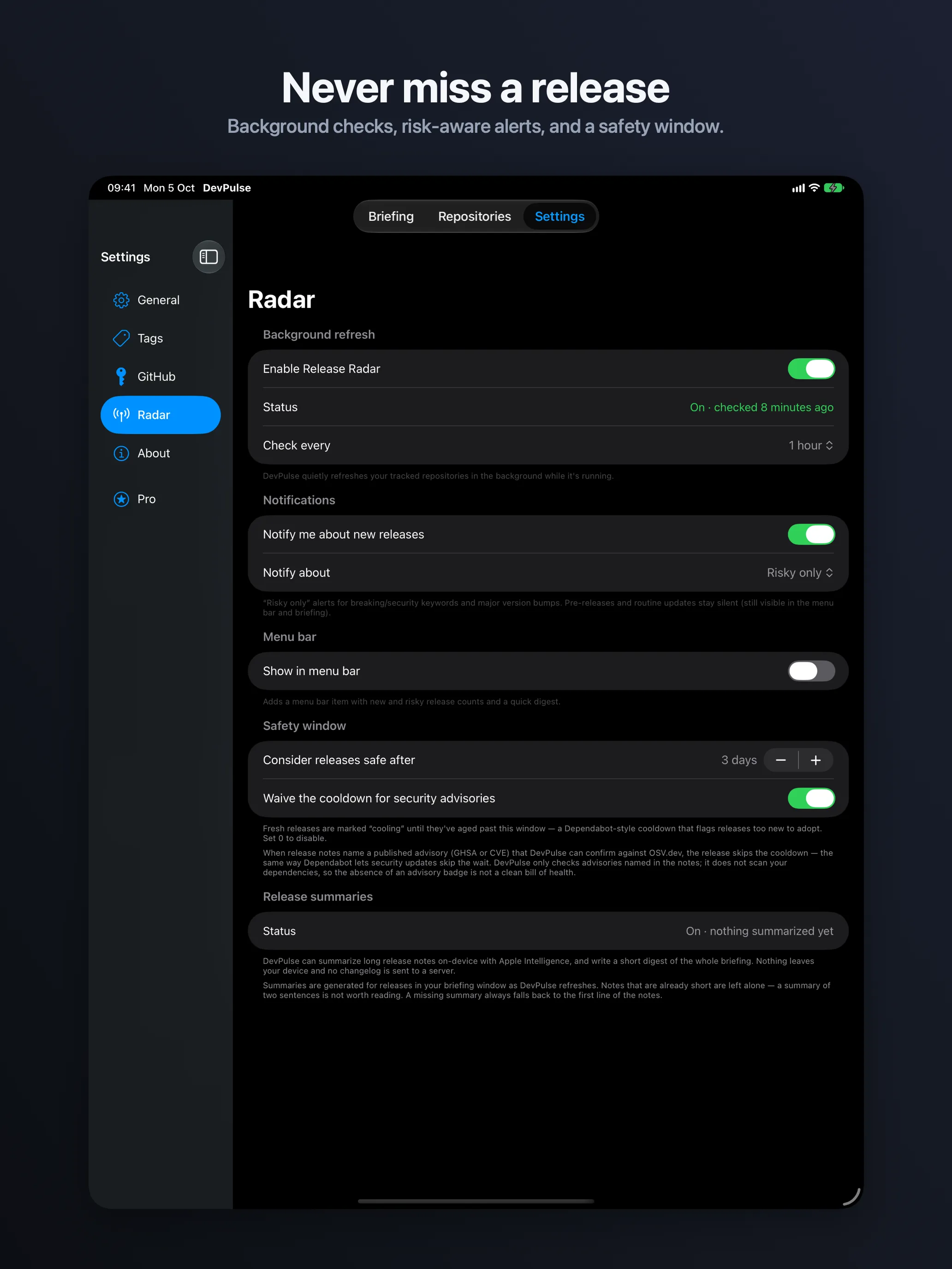 DevPulse on iPad, showing the settings screen.