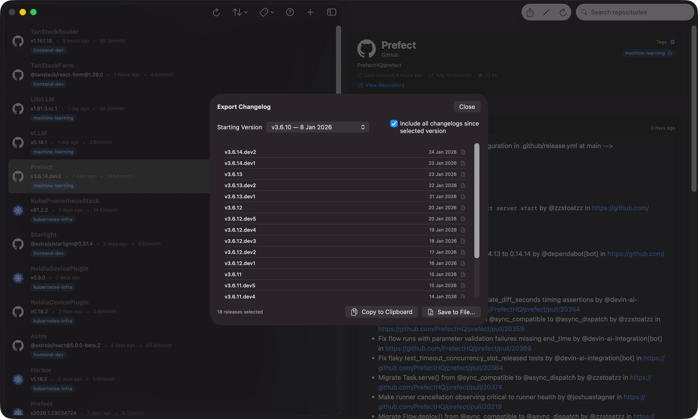 Exporting tracked project data