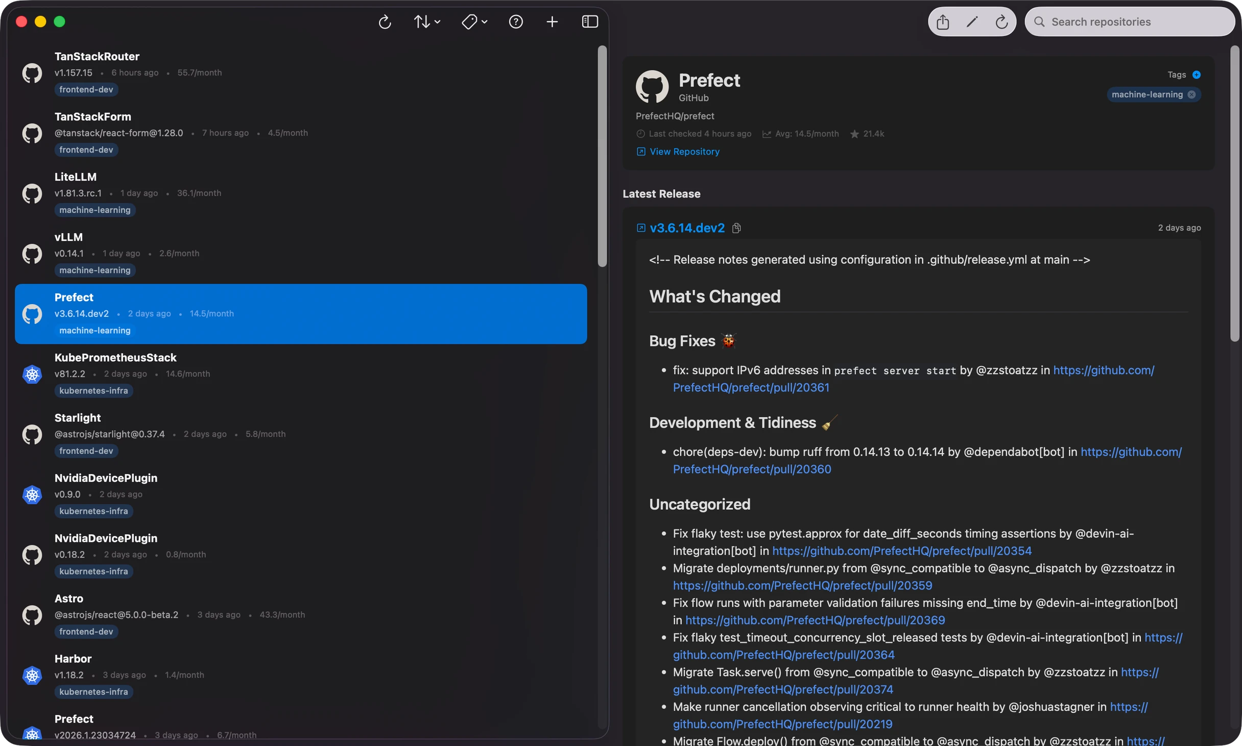 DevPulse release list view
